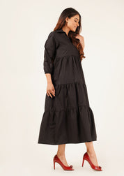 V Neck Collared Dress - Black