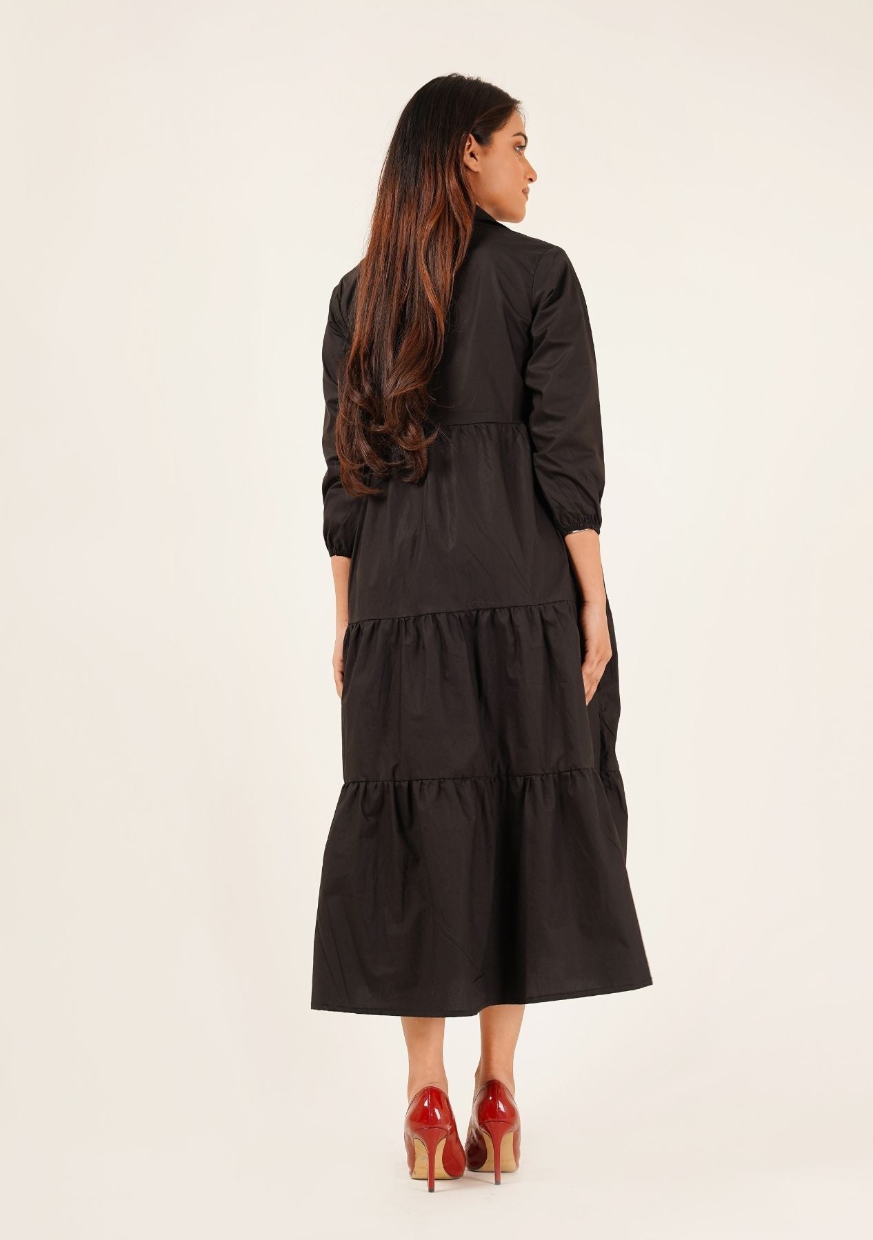 V Neck Collared Dress - Black