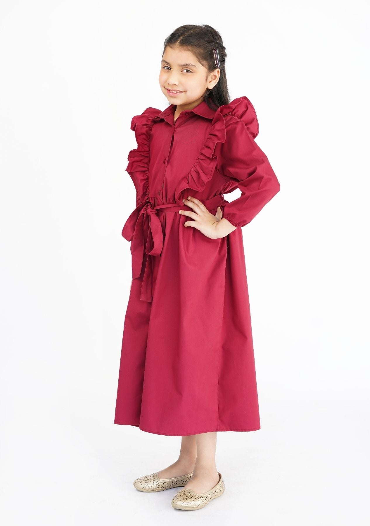 Girls Ruffle Trim Belted Dress - Maroon