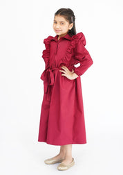 Girls Ruffle Trim Belted Dress - Maroon