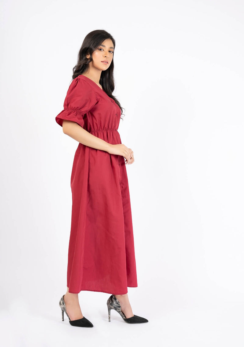 Front Button Maxi Dress - maroon