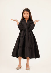 Girls V-Neck Collared Dress - Black