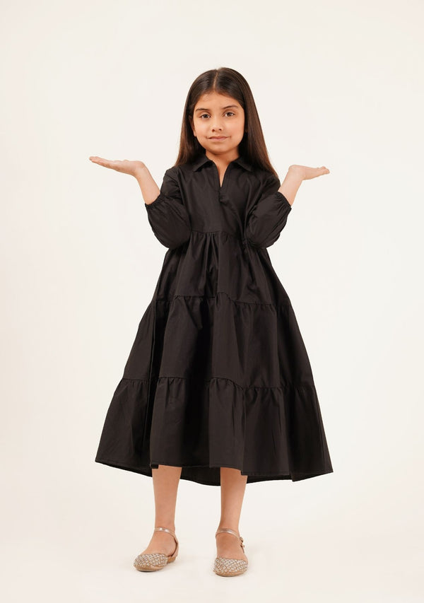 Girls V-Neck Collared Dress - Black