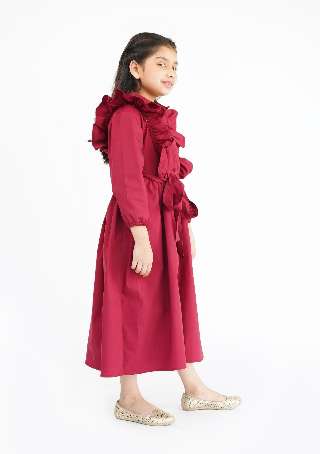 Girls Ruffle Trim Belted Dress - Maroon