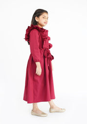 Girls Ruffle Trim Belted Dress - Maroon