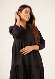 V Neck Collared Dress - Black