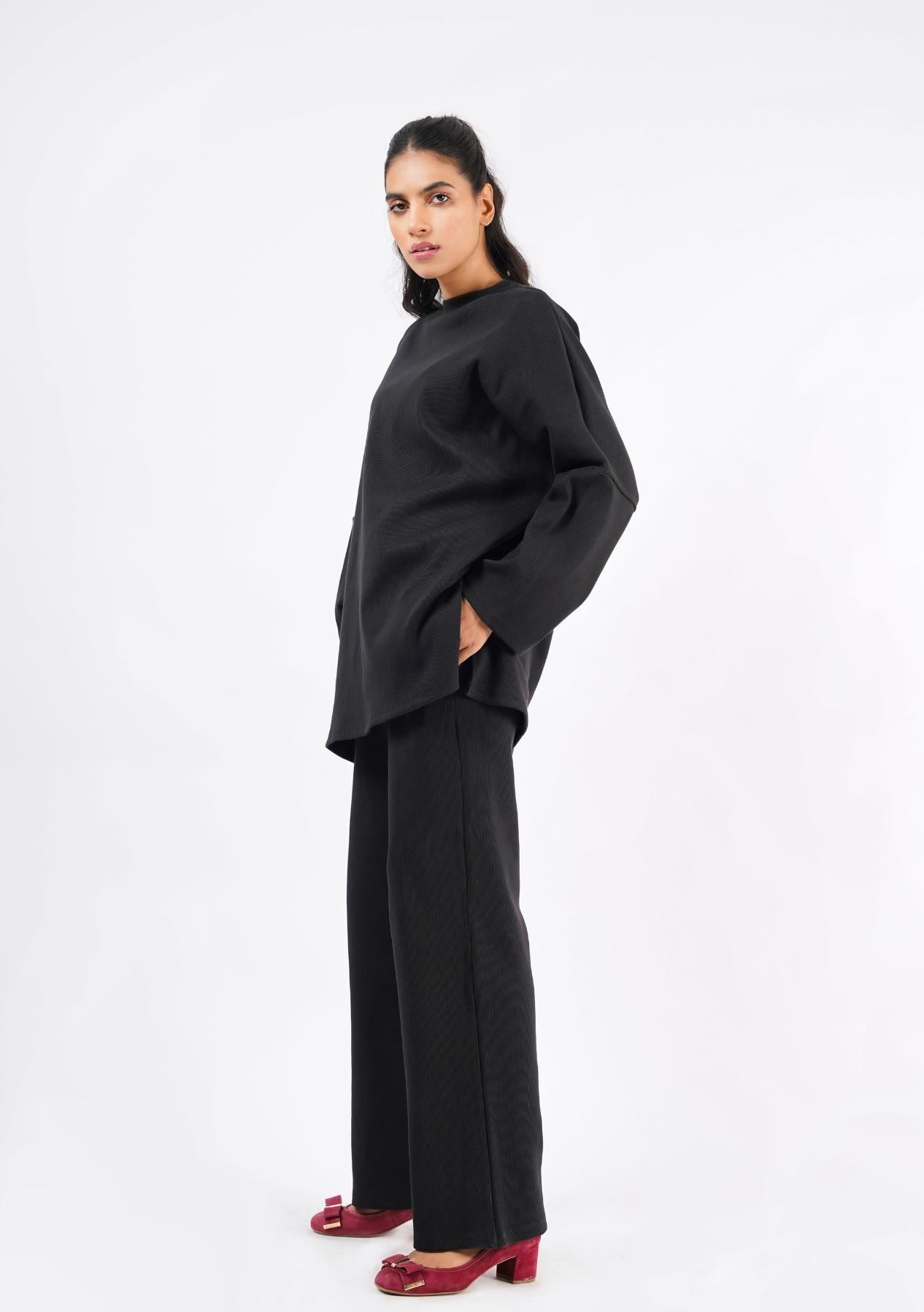 Rib Knit Wide Leg Pant with Pocket - black