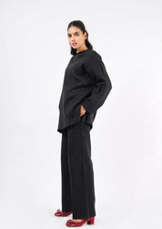 Rib Knit Wide Leg Pant with Pocket - black