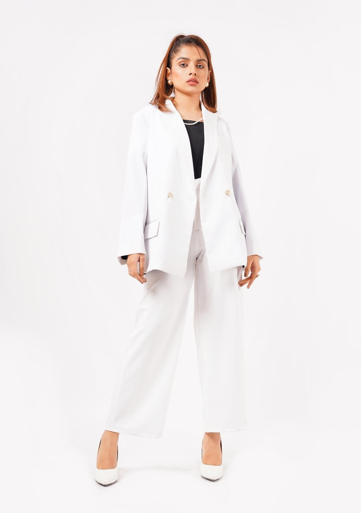 Double Breasted Loose Fit Blazer - White