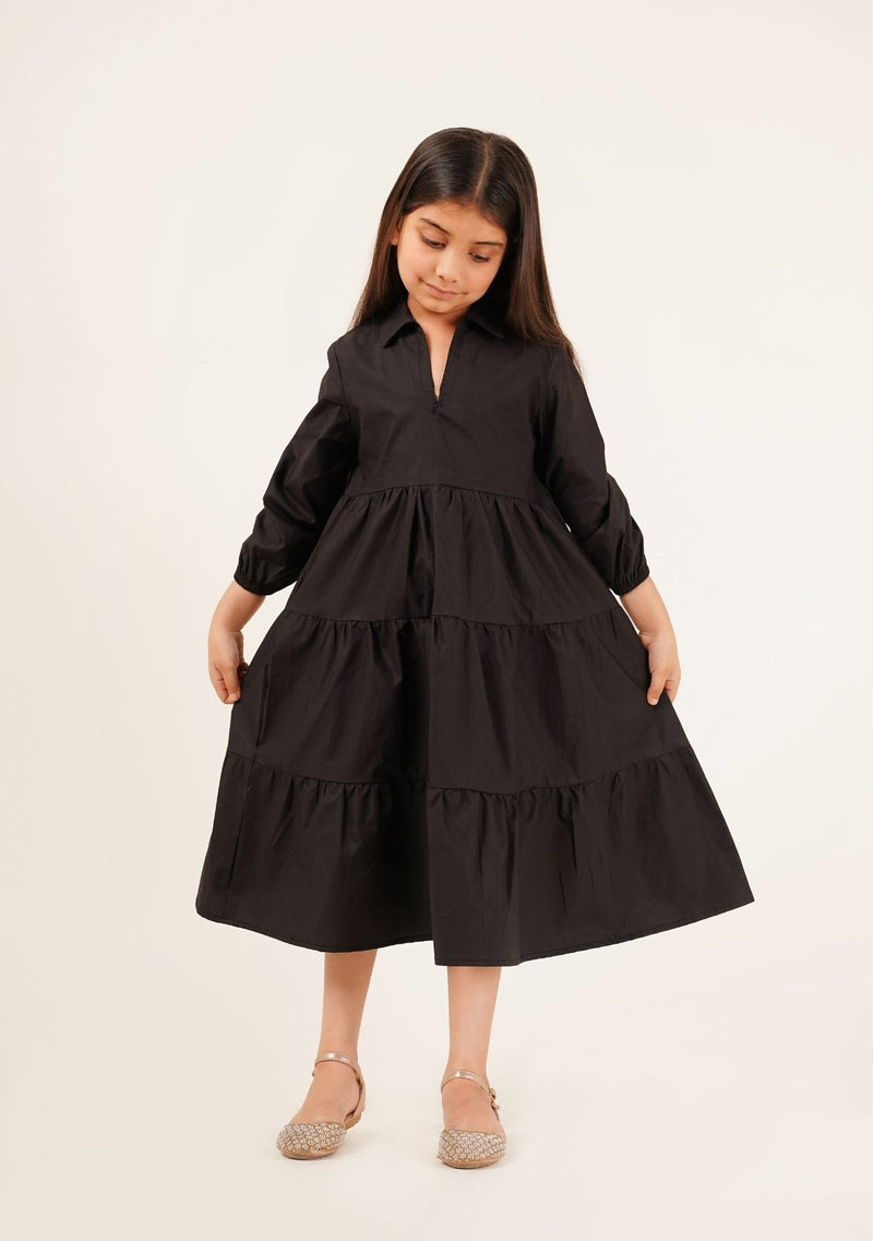 Girls V-Neck Collared Dress - Black