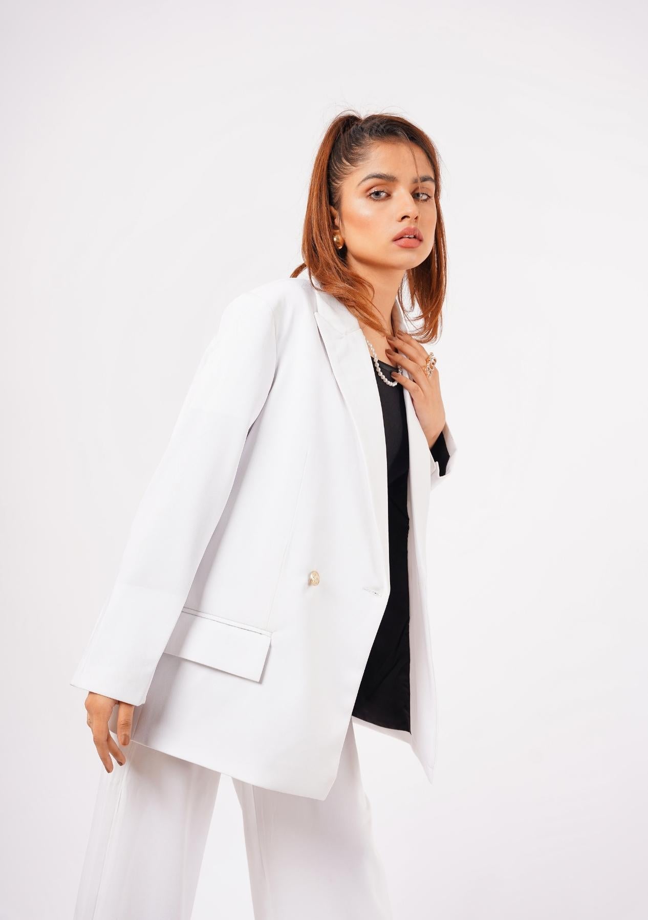 Double Breasted Loose Fit Blazer - White