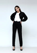 Pleated Straight Pant in black cotton stretch