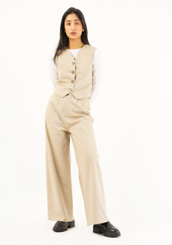 Wide Leg Pleated Pant - beige