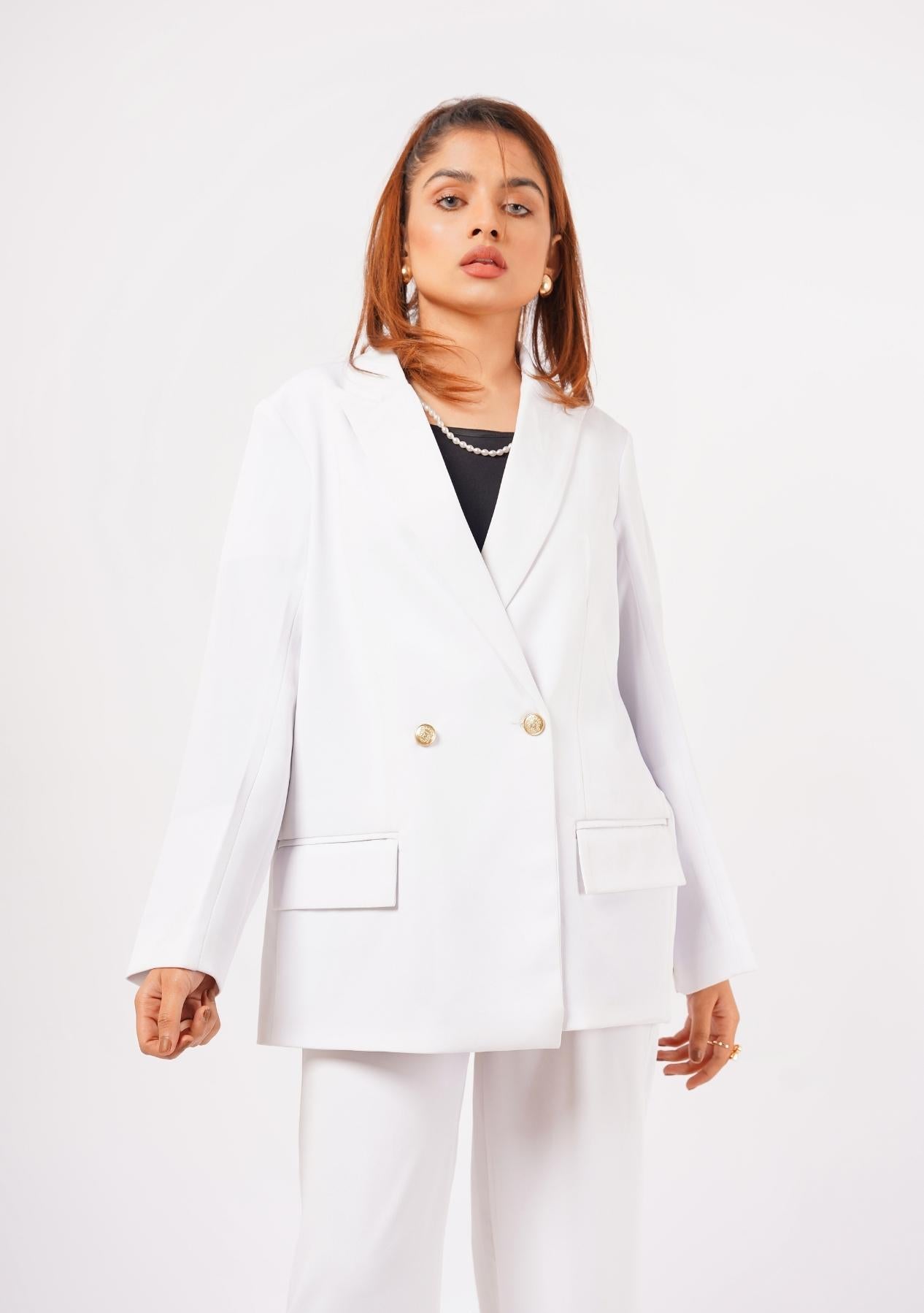 Double Breasted Loose Fit Blazer - White