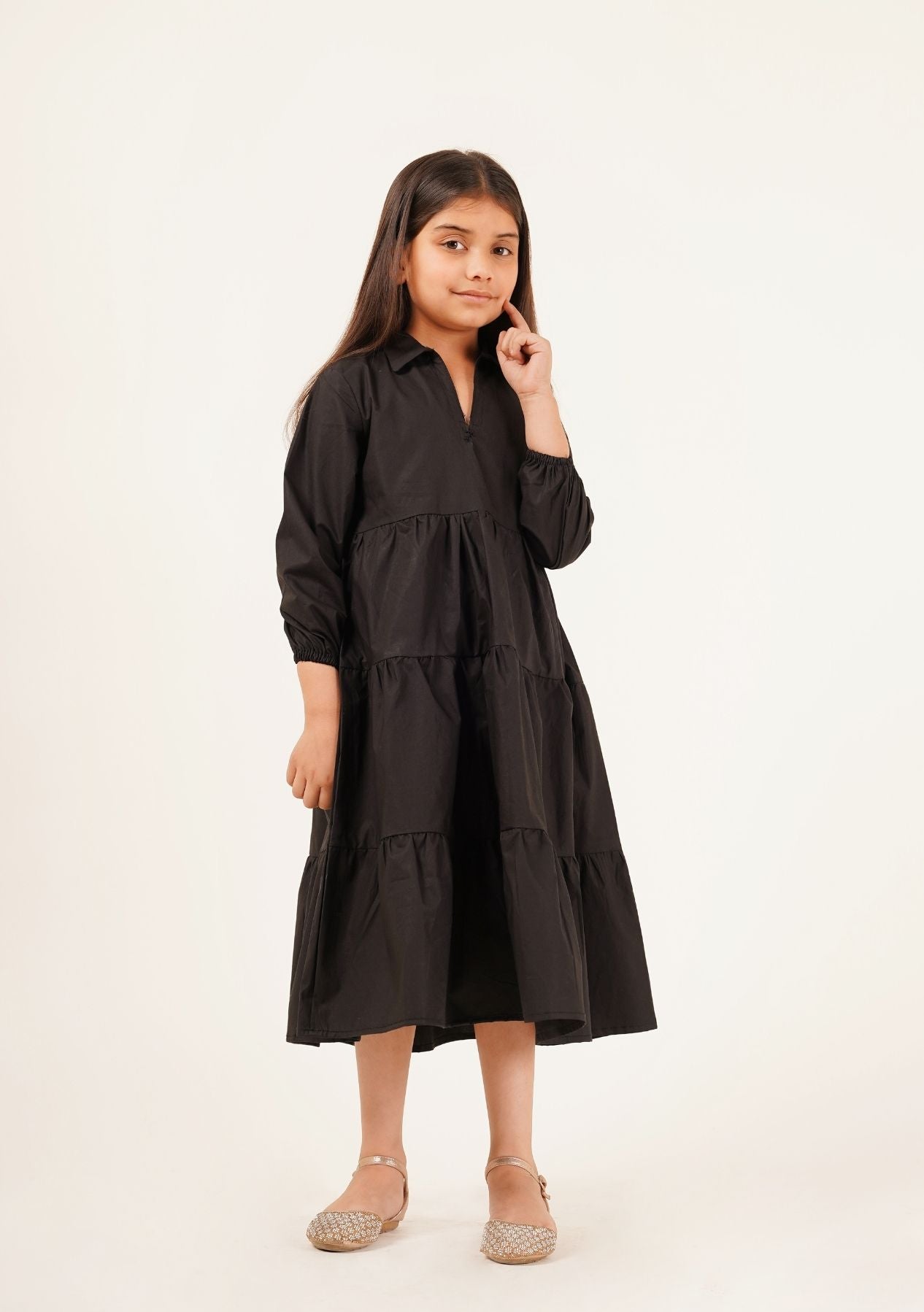 Girls V-Neck Collared Dress - Black