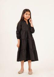 Girls V-Neck Collared Dress - Black