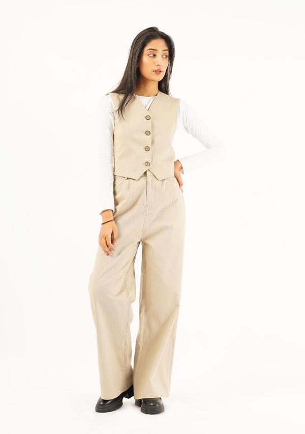 Wide Leg Pleated Pant - beige