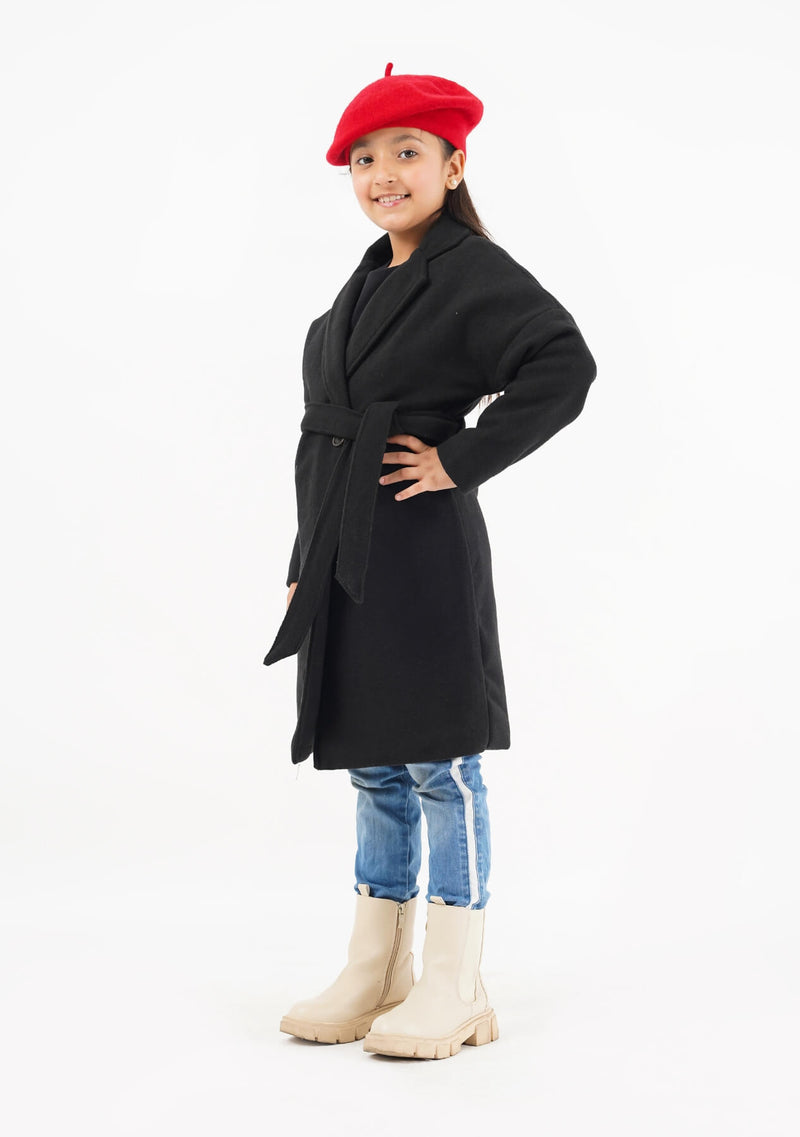 Girls Oversized Belted Wool Coat - Black