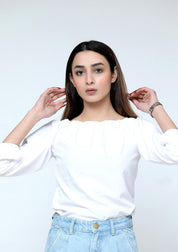 Off shoulder top with elasticated cuff - white