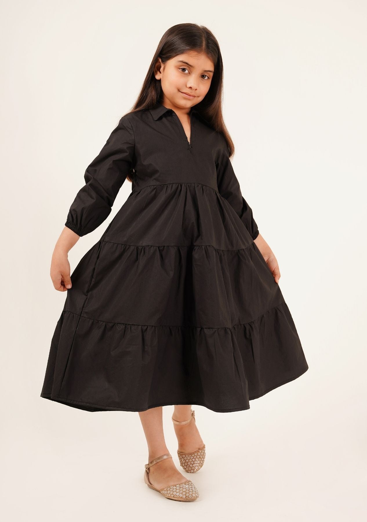 Girls V-Neck Collared Dress - Black