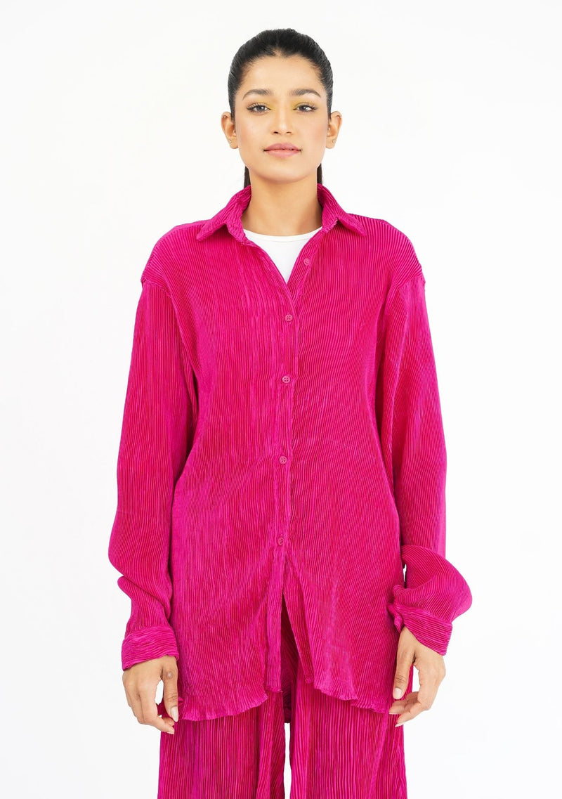 Pleated Fabric Long Sleeve Shirt - Hot Pink