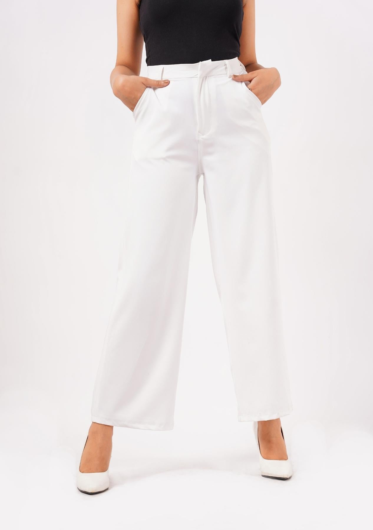 High Rise Wide Leg Pant with Pocket (Polyester) - white