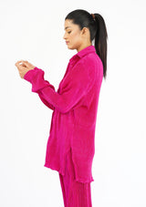 Pleated Fabric Long Sleeve Shirt - Hot Pink