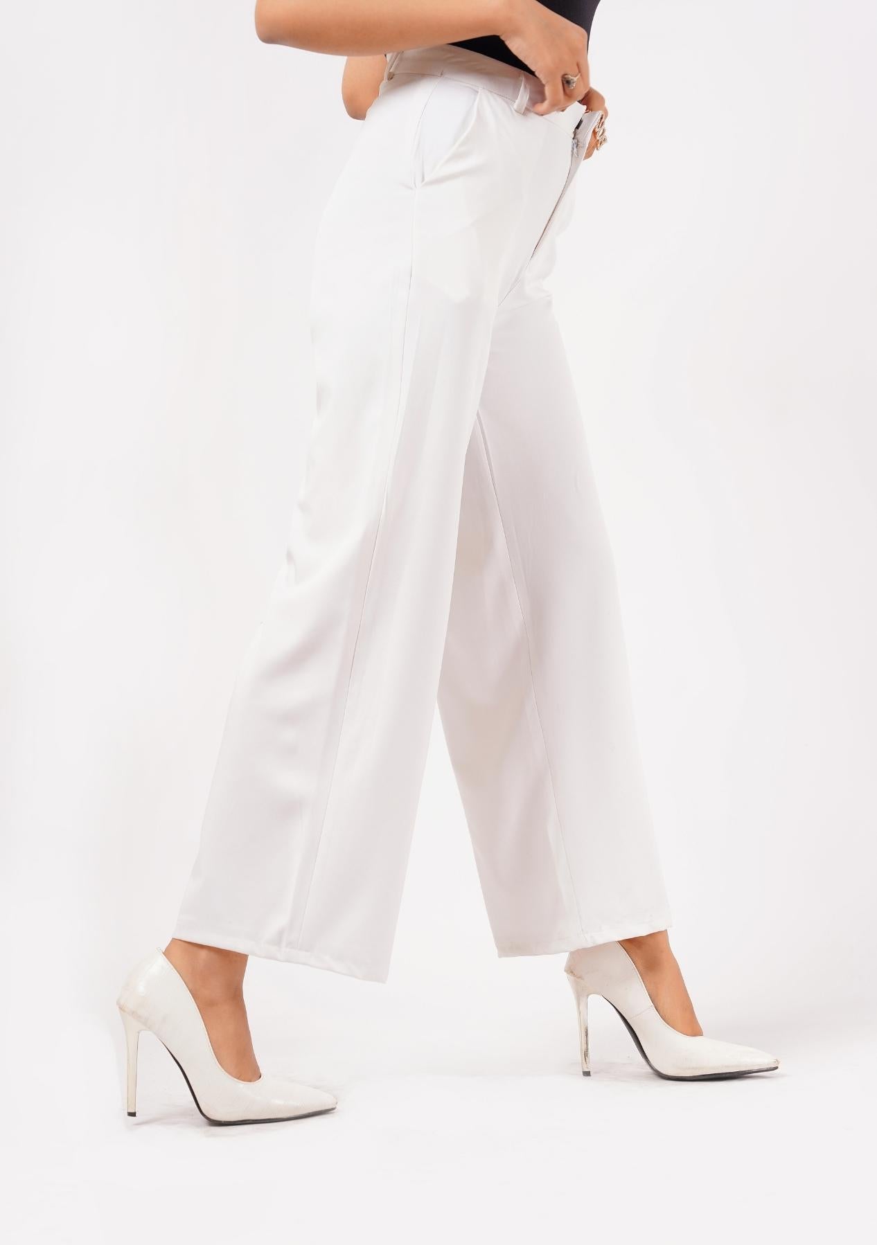 High Rise Wide Leg Pant with Pocket (Polyester) - white
