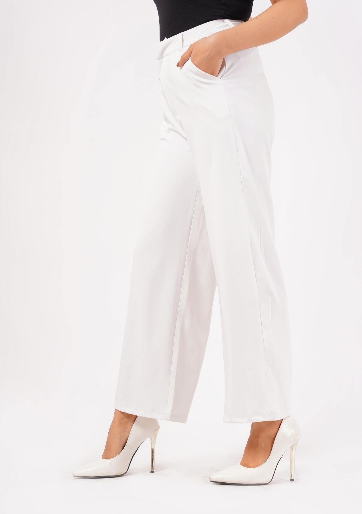 High Rise Wide Leg Pant with Pocket (Polyester) - white