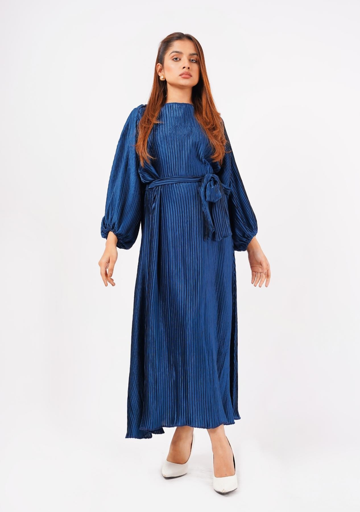 Pleated Puff Sleeve Dress with Belt  - sapphire blue (pleated farbic)