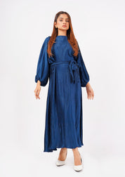 Pleated Puff Sleeve Dress with Belt  - sapphire blue (pleated farbic)