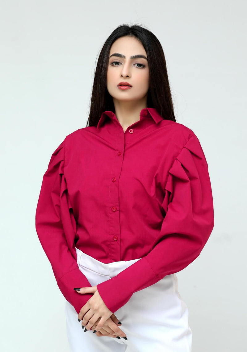 Pleated sleeve poplin shirt - maroon