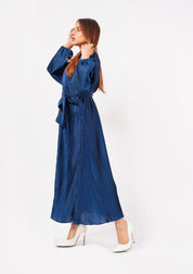 Pleated Puff Sleeve Dress with Belt  - sapphire blue (pleated farbic)