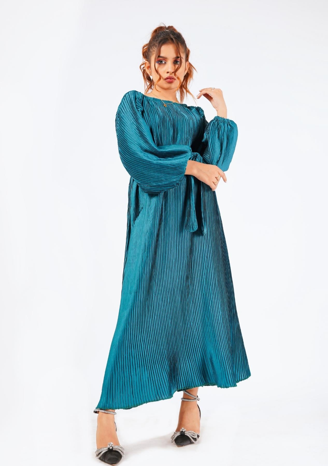 Pleated Puff Sleeve Dress with Belt  - emerald green (pleated fabric)