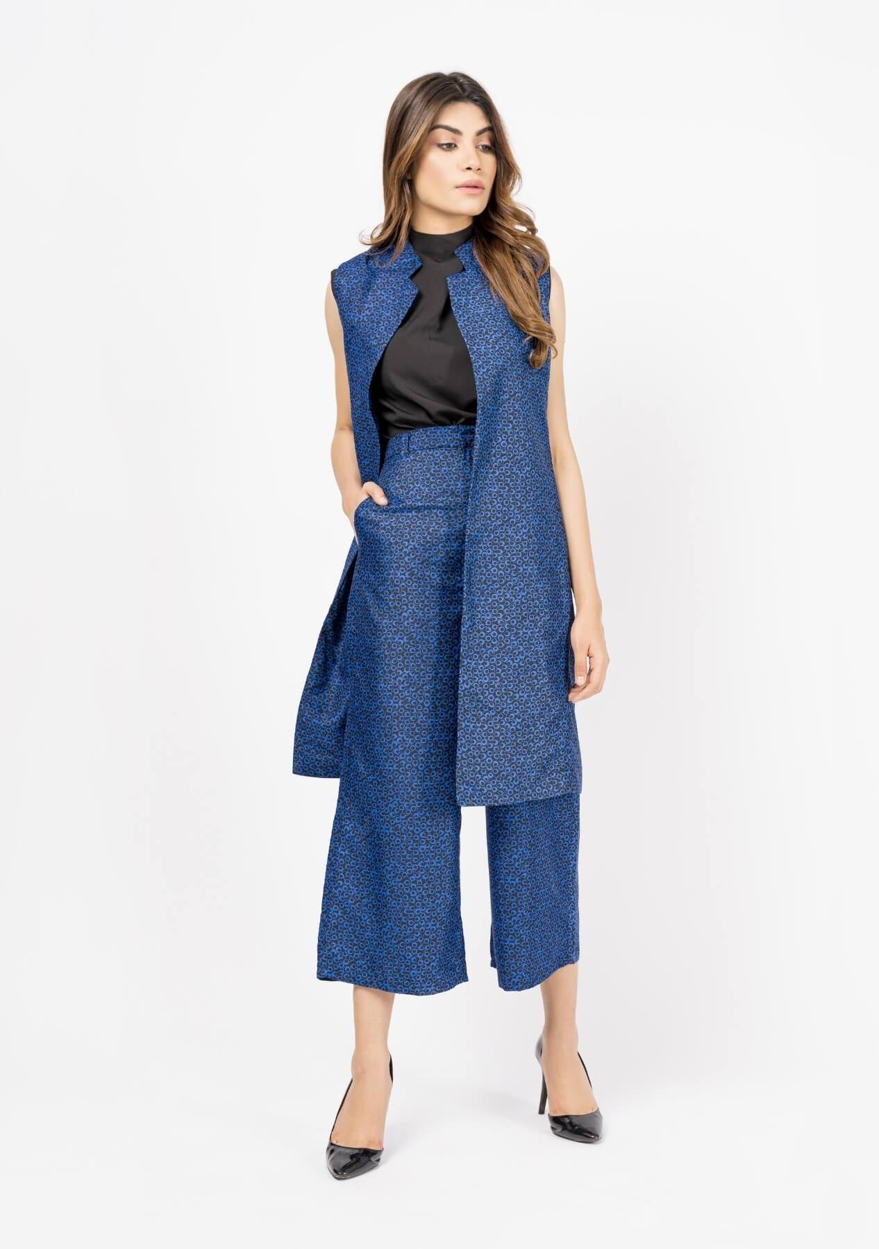 High Waisted Culotte - Blue & Black Printed