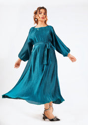 Pleated Puff Sleeve Dress with Belt  - emerald green (pleated fabric)