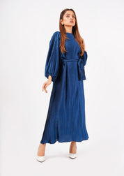 Pleated Puff Sleeve Dress with Belt  - sapphire blue (pleated farbic)