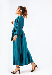 Pleated Puff Sleeve Dress with Belt  - emerald green (pleated fabric)