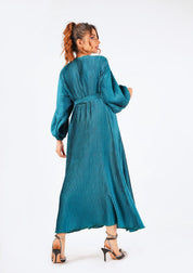Pleated Puff Sleeve Dress with Belt  - emerald green (pleated fabric)