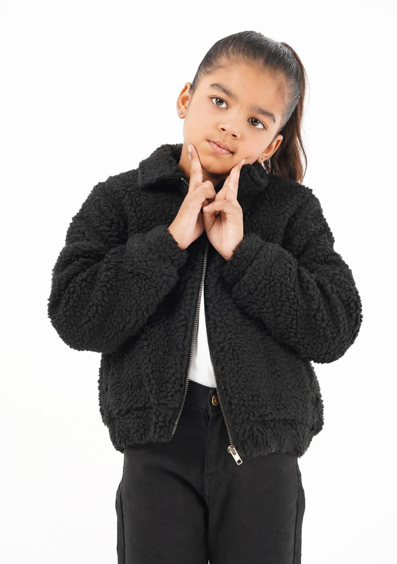 Girls Teddy Faux Fur Bomber Jacket - Black