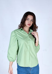 Puff sleeve poplin shirt - light green