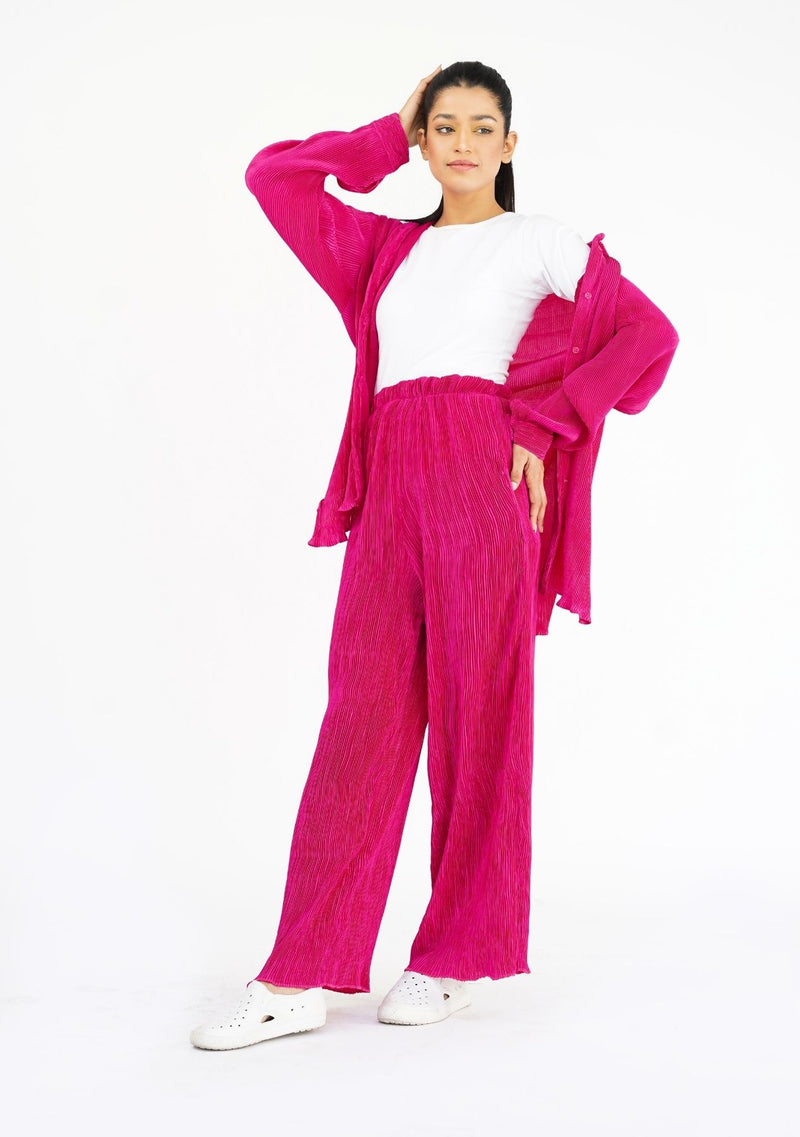 High Waisted Pleated Fabric Pant - Hot Pink