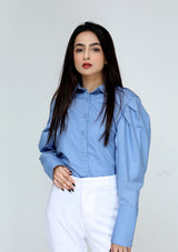 Pleated sleeve poplin shirt - sky blue