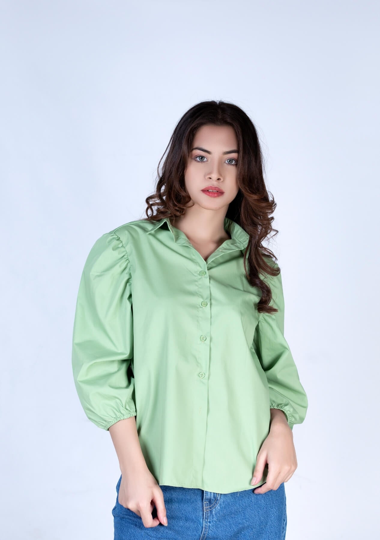 Puff sleeve poplin shirt - light green
