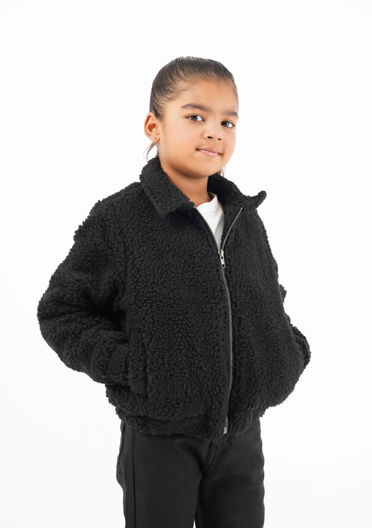 Girls Teddy Faux Fur Bomber Jacket - Black