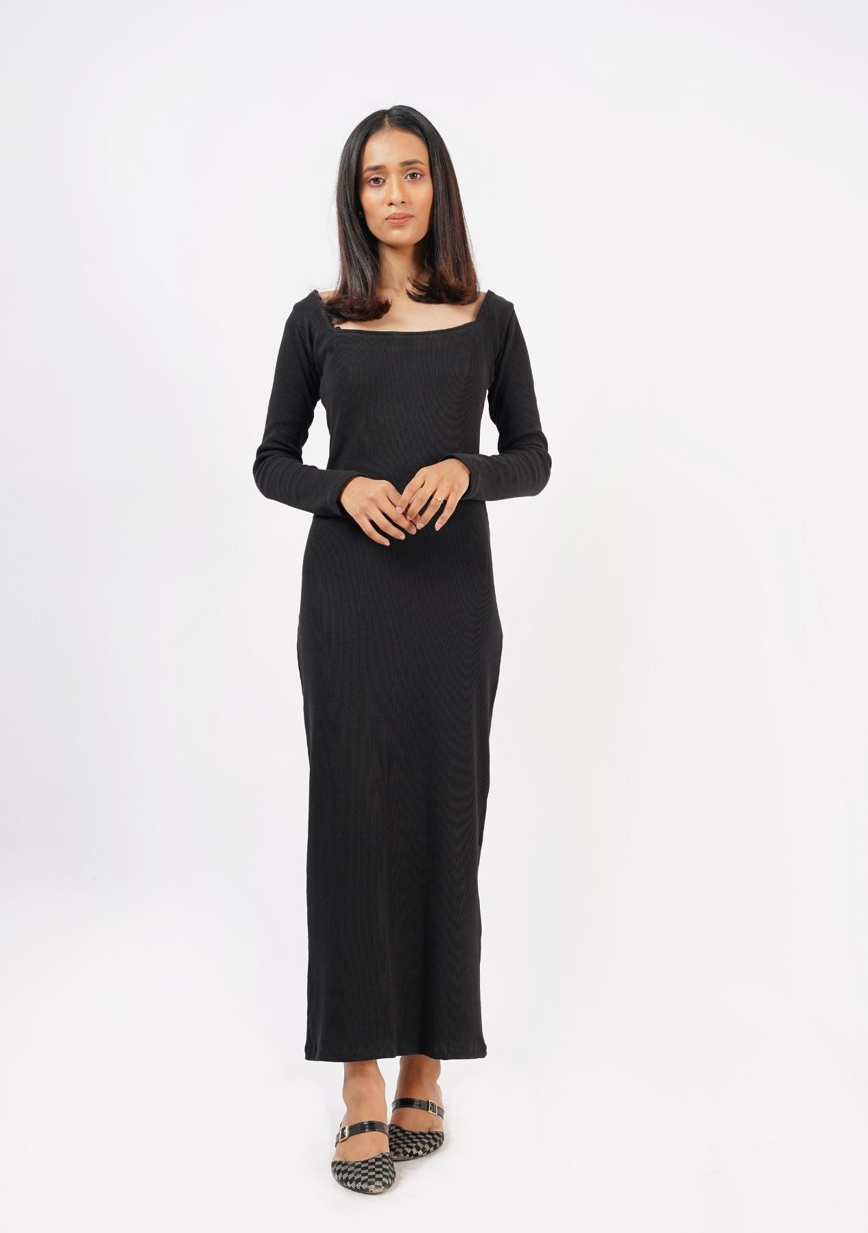 Square Neck Knitted Dress - Black