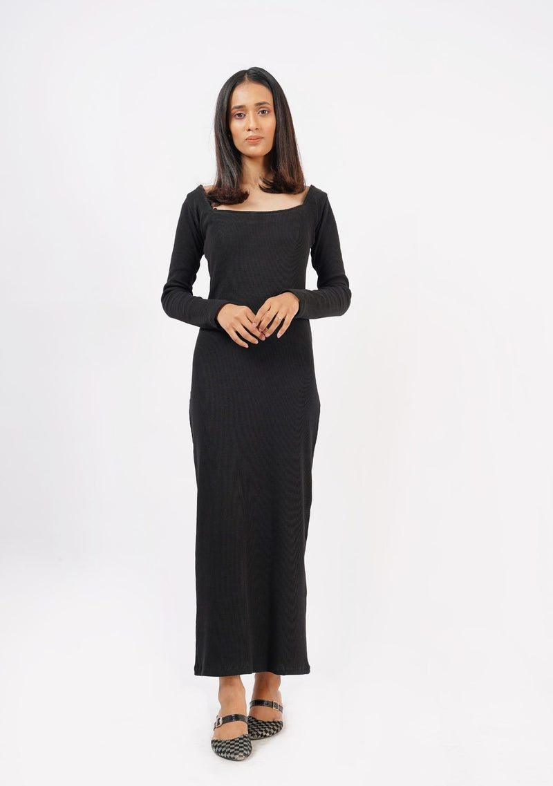 Square Neck Knitted Dress - black