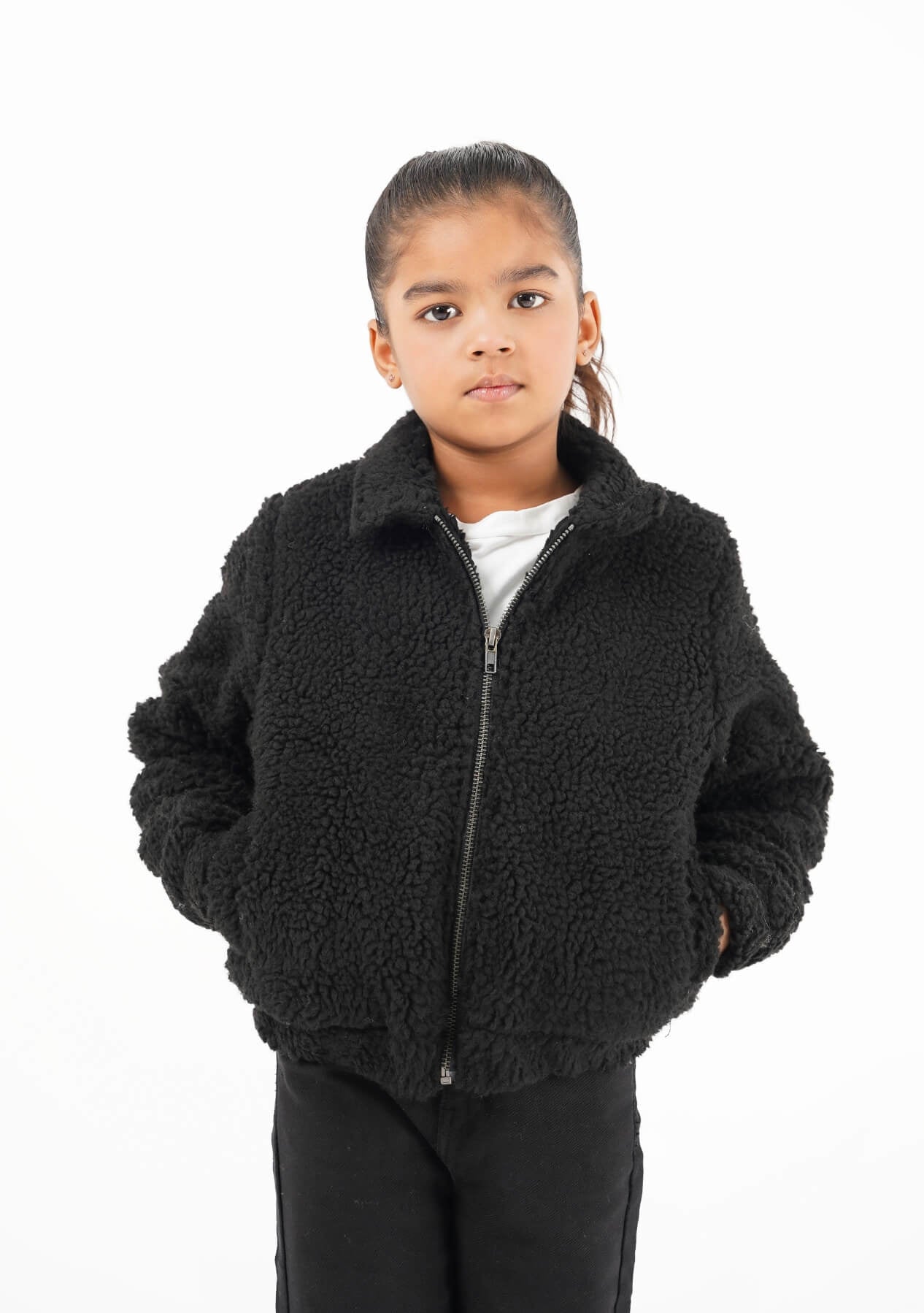 Girls Teddy Faux Fur Bomber Jacket - Black