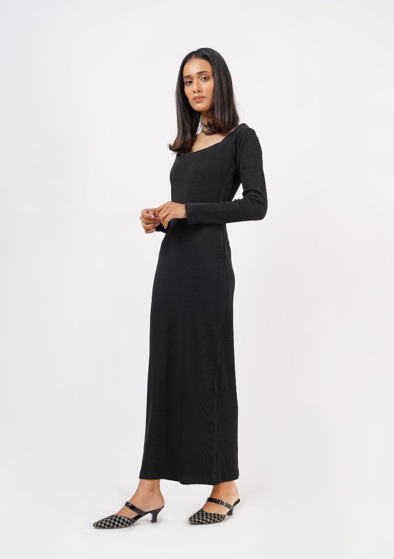 Square Neck Knitted Dress - Black