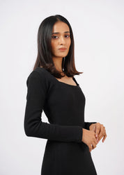Square Neck Knitted Dress - Black